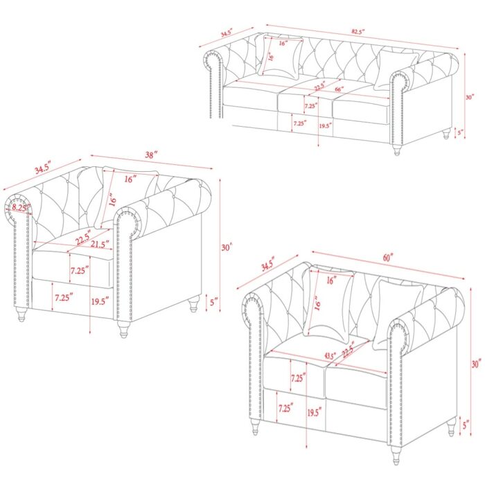 3 Piece Living Room Sofa Set, including 3-seater sofa, loveseat and sofa chair, with button and copper nail on arms and back 6