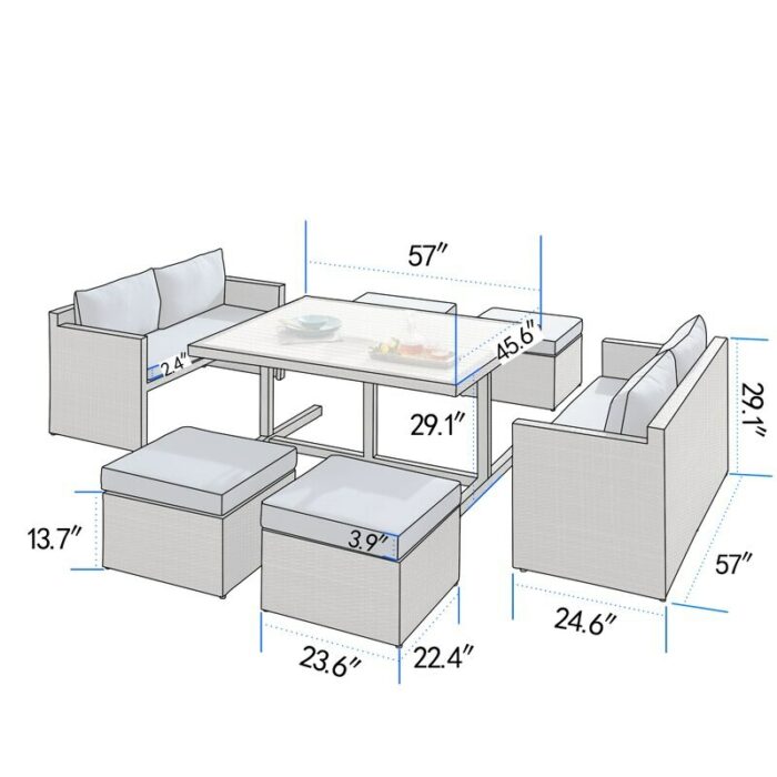 7 Pieces Rattan Furniture Set, Outdoor Wicker Patio Conversation Sofa w/Chair,Suitable Backyard Poolside Lawn Pool Garden Porch 6