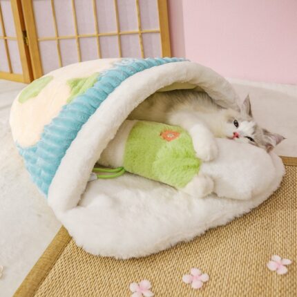 Hoopet Japanese Winter Thick Cat Sleeping Bed Removable Pillow with Funny Cat Rope Warm Cushion for Cats Puppy Dog Sofa Pet Bed 2