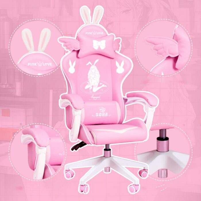 New Pink Bunny Girl Cartoon Game Live Gaming Chair Home Comfortable Girl Cute Adjustable Computer Chair Makeup Stool 3