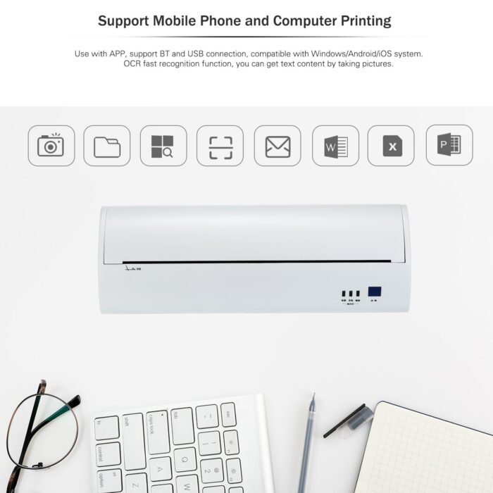 A4 210mm Mini Mobile Photo Printer 203dpi Portable Thermal Printer BT USB Connection with 1 Roll Thermal Paper Support Printing 4