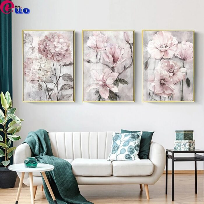 Flower Wall Art Diamond Painting 3 Piece Pink Floral Triptych Bathroom Living Room Home Decor Full Square Diamond Embroidery 1