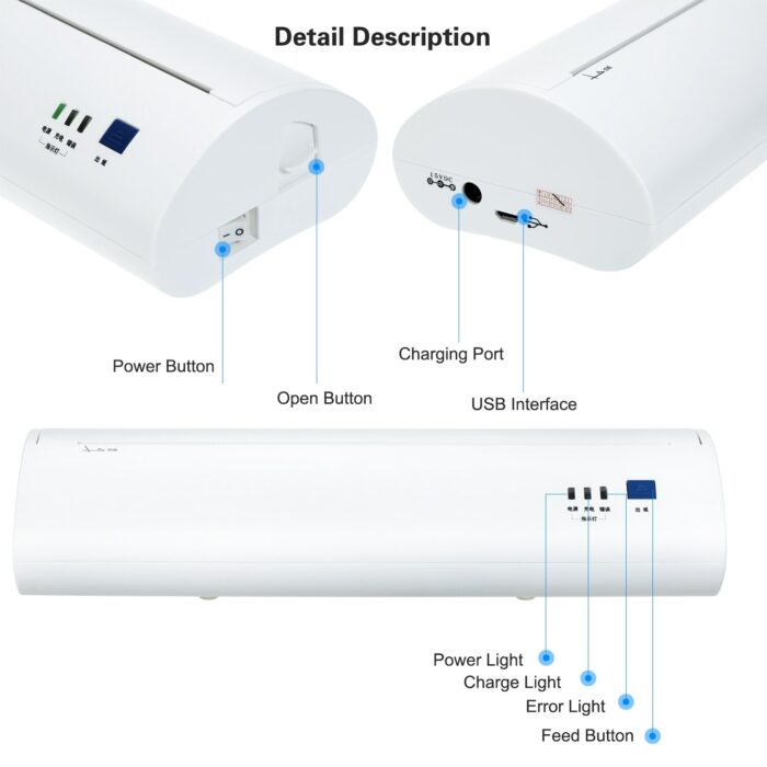 A4 210mm Mini Mobile Photo Printer 203dpi Portable Thermal Printer BT USB Connection with 1 Roll Thermal Paper Support Printing 3