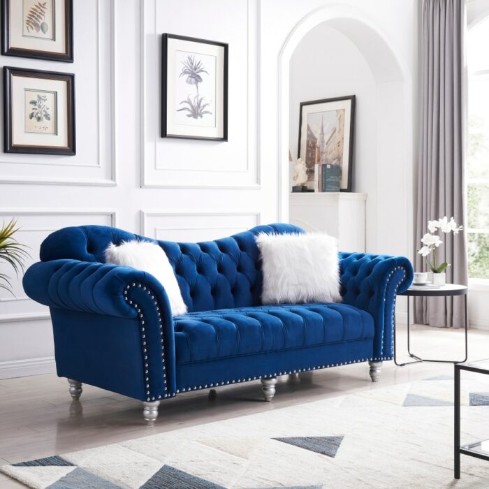 3 Piece Living Room Sofa Set, including 3-Seater Sofa, Loveseat and Sofa Chair, with Button and Copper Nail on Arms and Back,Blu 4