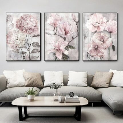 Flower Wall Art Diamond Painting 3 Piece Pink Floral Triptych Bathroom Living Room Home Decor Full Square Diamond Embroidery 2