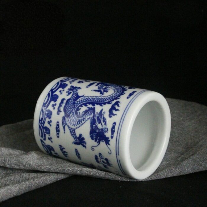 Blue And White Ceramic Pen Holder Shuanglong Play Bead Jar Desktop Art Ornaments Brush Storage Box Learning Office Supplies 4