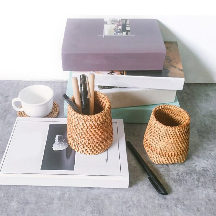 3pcs Practical Rattan Cup Stationery Storage Hand Woven Table Decor Accessories Pen Holders Home Office Makeup Brush Student 5