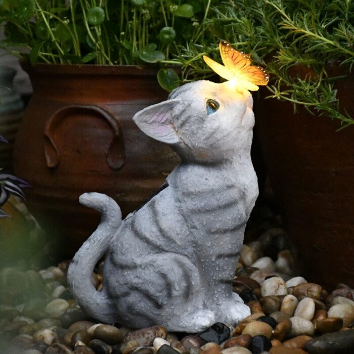 LED Solar Garden Lights with Solar Panel cat and butterfly figurine resin sculpture Outdoor Garden Ornament Decor Solar Lights 4