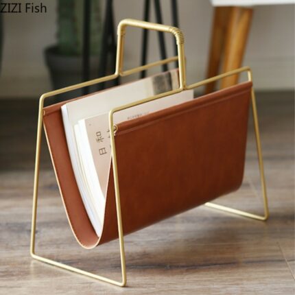 Nordic PU Leather Metal Gold Bookshelf Iron File Book Organizer Shelves Magazine Holder Book Rack Home Decoration Accessories 1