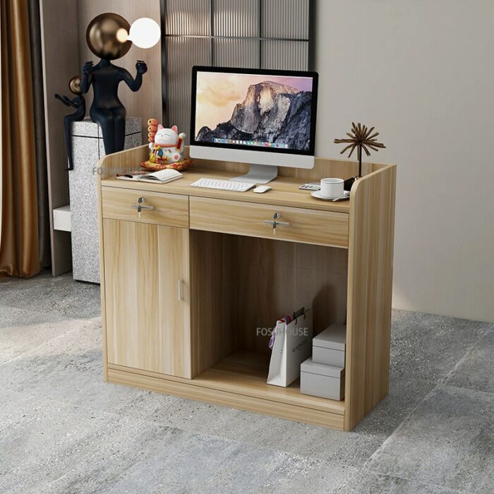 Nordic Wood Simple Small Cashier Desk Contemporary Furniture Convenience Store Supermarket Reception Desk Podium Writing Desk 4