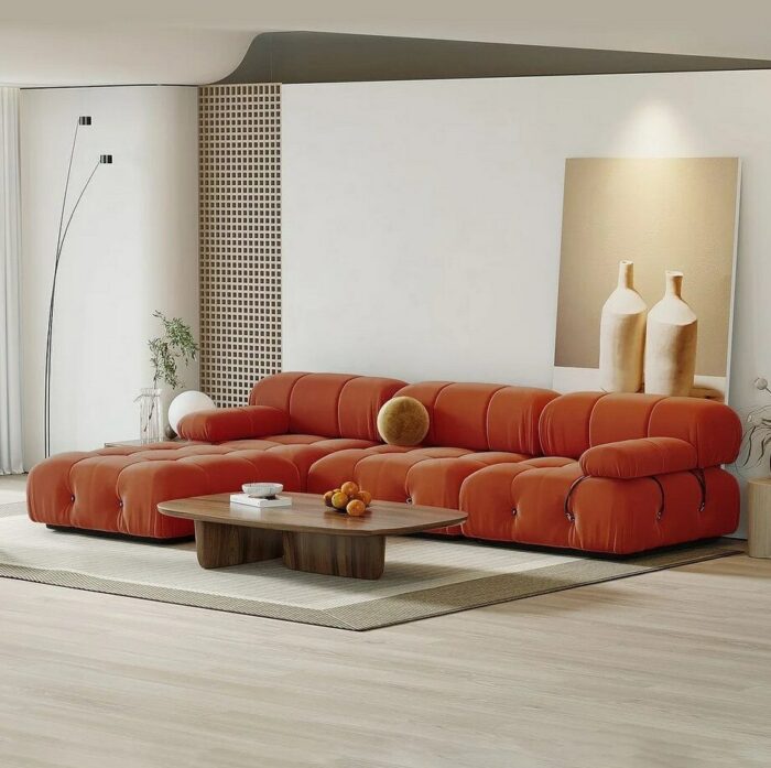 Modern Velvet Upholstered Modular Sectional Sofa with Ottoman - Beige/Orange 6