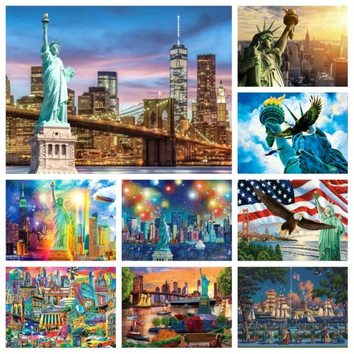 The Statue Of Liberty And Brooklyn Bridge Diamond Embroidery Painting Art New York Landscape Mosaic Cross Stitch Wall Decor 1