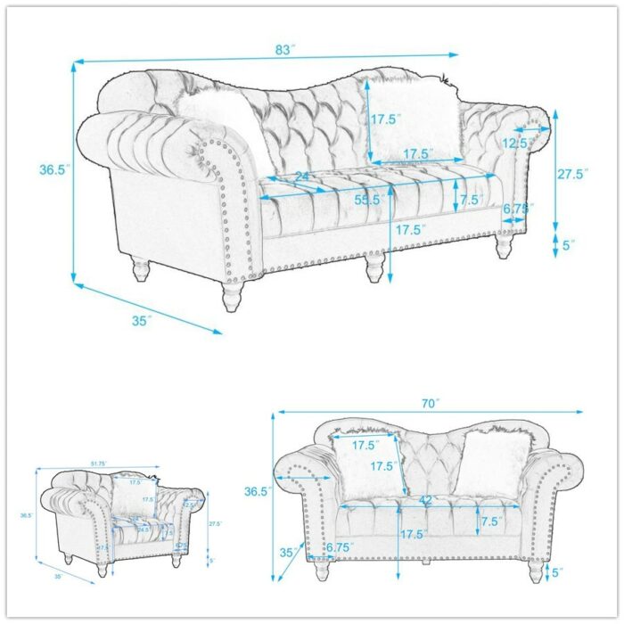 3 Piece Living Room Sofa Set, including 3-Seater Sofa, Loveseat and Sofa Chair, with Button and Copper Nail on Arms and Back,Blu 6