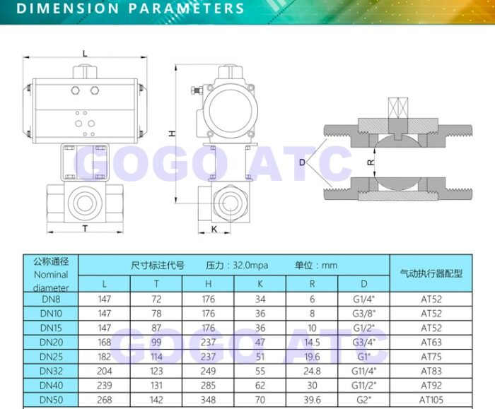 DN8/DN10/DN15 32Mpa 300bar High Pressure Ball valve 3 Way Stainless steel SS304 Pneumatic Ball Valve 1/4 3/8 1/2 T L Type 5