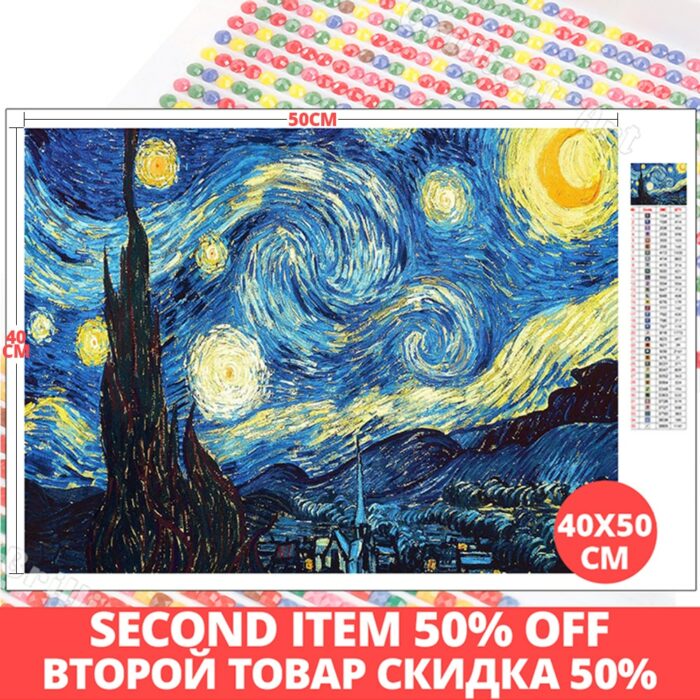 Diamond Painting Van Gogh Starry Night Landscape 40x50CM 5D DIY Mosaic Full Square Art Wall Sticker Embroidery Hobby Home Decor 1