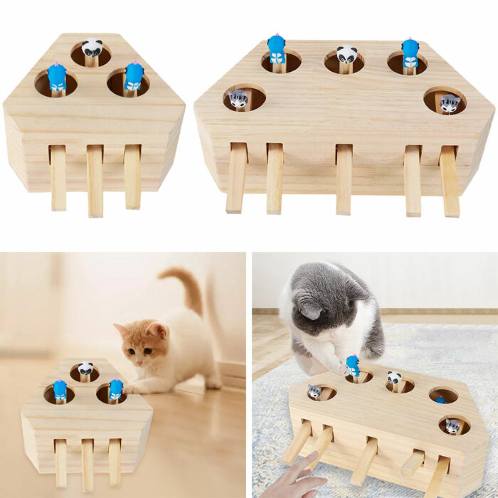 Interactive Cat Hunt Mouse Toy Wooden Solid Game Box Funny Kitten Puzzle Toy Catch Mice Toy 3