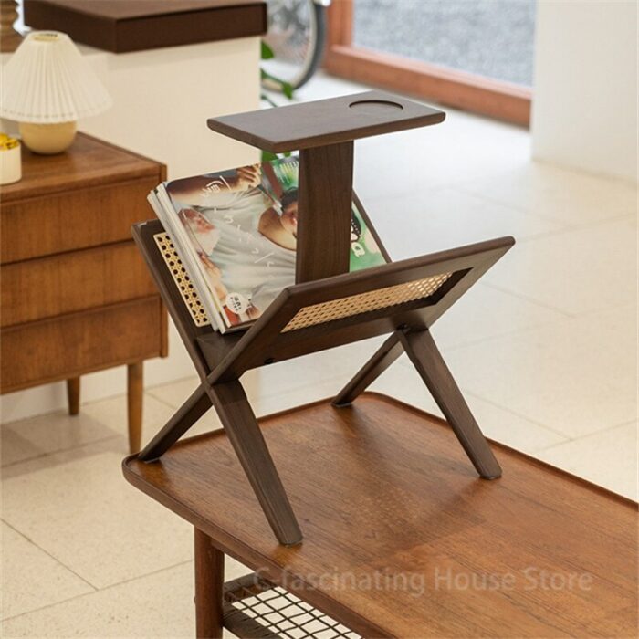 Modern Rattan Rock Decorative Magazine Holder Book Rack Solid Wood Magazine Rack Home Living Room Storage Shelf Corner Bookshelf 1