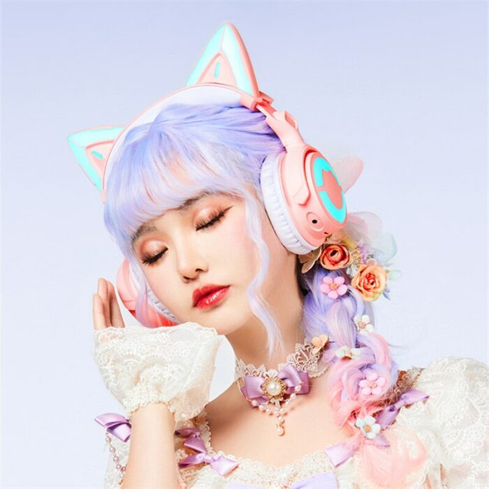 YOWU 4 Cat Ear Wireless Bluetooth Headphones with Mic Head Mounted Game App Control RGB Dynamic Hd Girl for PC Gaming Headset 6