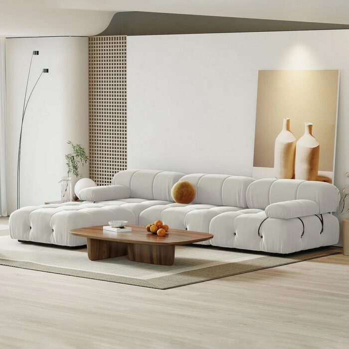 Modern Velvet Upholstered Modular Sectional Sofa with Ottoman - Beige/Orange 1