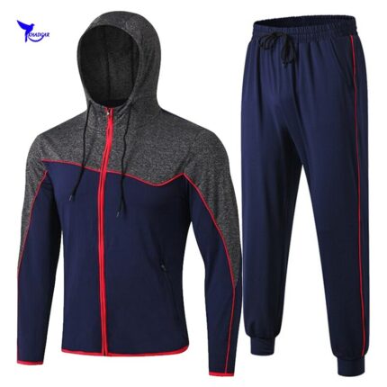 2020 Spring 2 Pieces Running Set with Pocket Men's Quick Dry Sport Suits Elastic Sportswear Gym Fitness Jogging Hooded Tracksuit 1