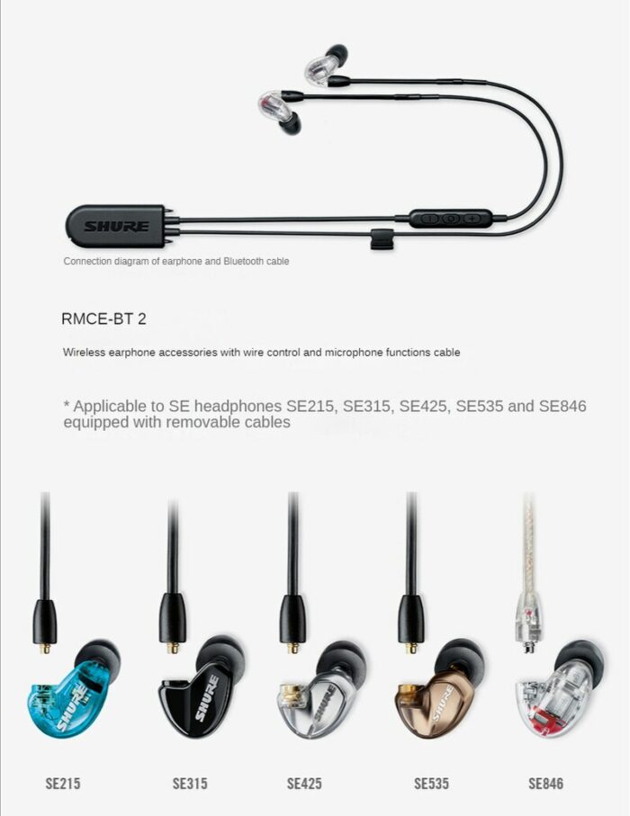 Shure RMCE-BT2 TW2 Bluetooth Headphone Cable 5.0 Upgrade of Wire Control with Microphone for SE535 SE846 SE215 Earphones MMCX 6