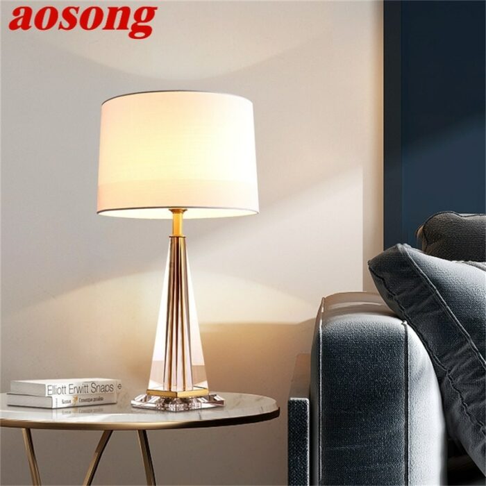 AOSONG Table Lamp Brass Modern Simple Crystal LED Fabric Desk Light Decoration for Home Bedroom 1