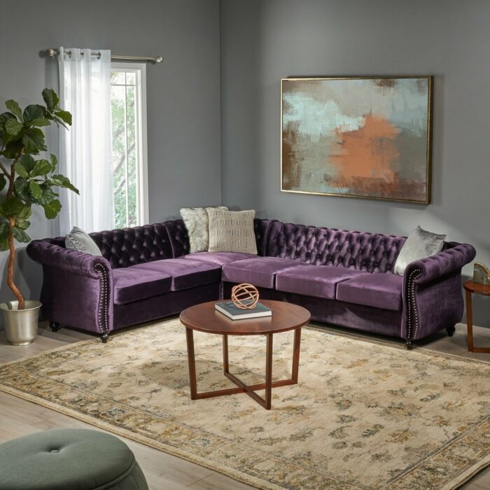 6-seat Tufted Velvet Chesterfield Sectional sofa living room sofa purple 1