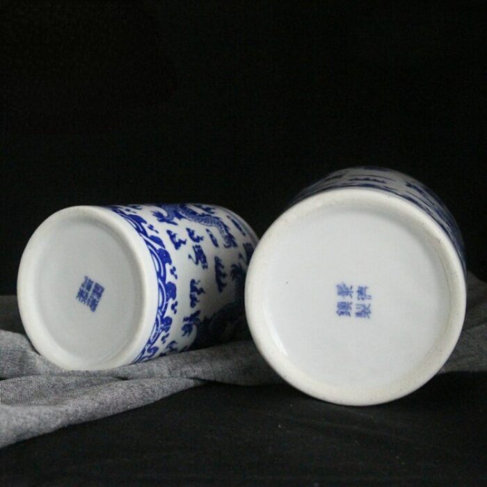 Blue And White Ceramic Pen Holder Shuanglong Play Bead Jar Desktop Art Ornaments Brush Storage Box Learning Office Supplies 5