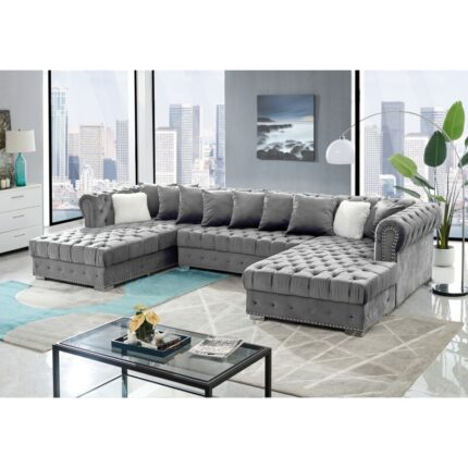 Modern Solid Wooden Frame Button Tufted Metal Cube Leg U Shaped Modular Sofa, Living Room Furniture 1