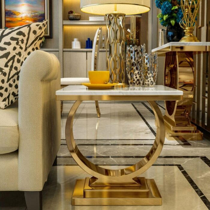 High End Luxury Marble Coffee Table Glossy Gold Stand Living Room Sofa Edge Corner Table Designer Hotel Square Tea Table 5