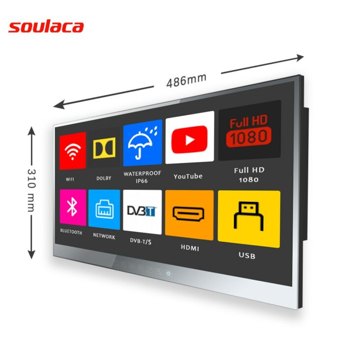 Soulaca New 21.5 inch Mirror Waterproof TV Suitable for US Bathroom Embedd Android 7.1 Full 1080 HD Dolby Sound WiFi 2