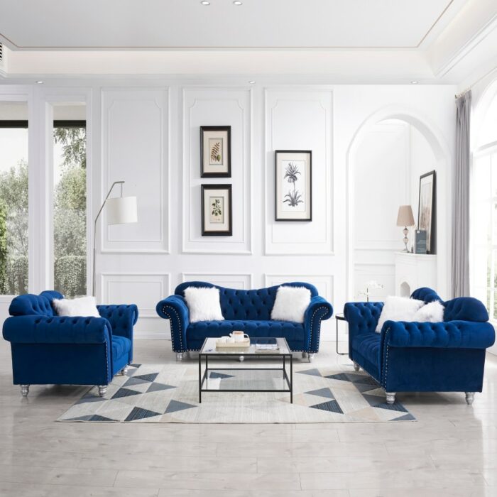 3 Piece Living Room Sofa Set, including 3-Seater Sofa, Loveseat and Sofa Chair, with Button and Copper Nail on Arms and Back,Blu 3