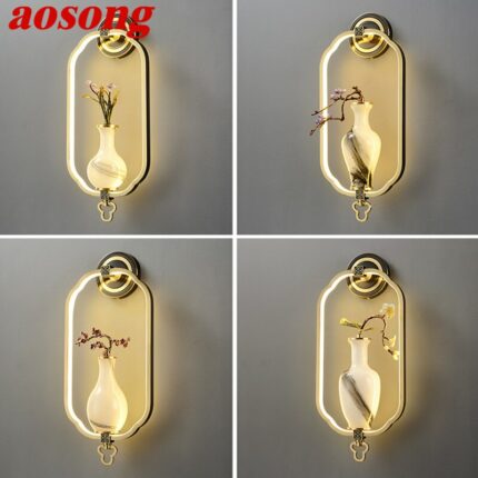 AOSONG Chinese Style Wall Lamp Vintage Brass Indoor Vase Sconce Light LED Creative Design for Home Living Room Bedroom Decor 1