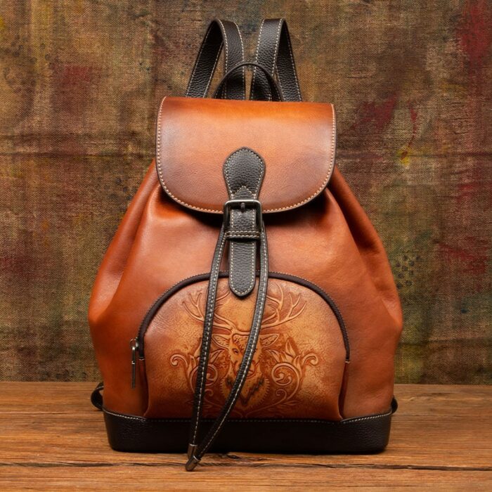 Genuine Leather Women Backpack Knapsack School Book Travel Bag Deer Pattern Retro Embossed Female Real Cowhide Daypack Rucksack 1