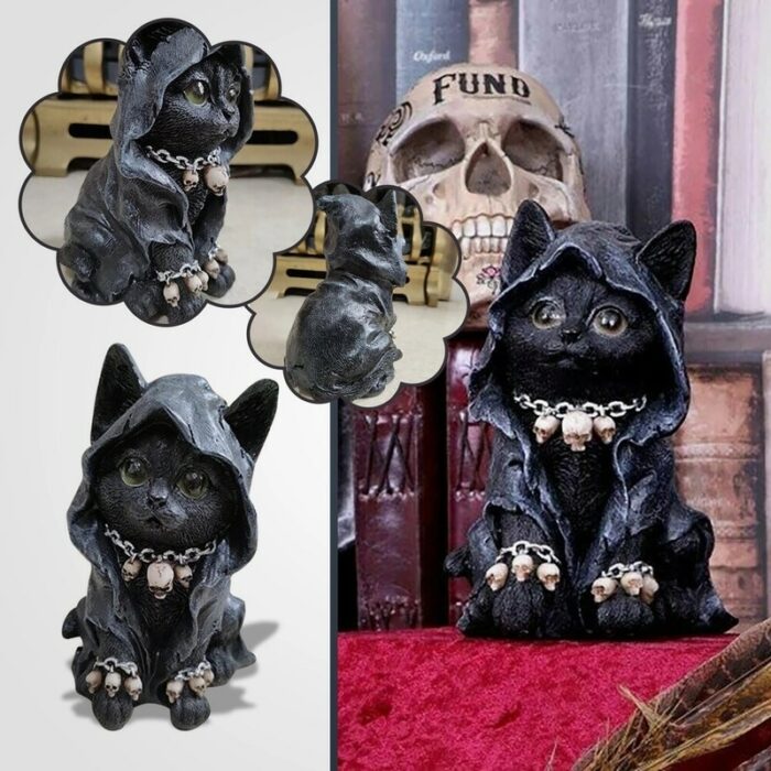 New Cat Statue Witch Grim Reaper Decorative Resin Black Cloak Grim Reaper Feline Micro Decor Garden Home Office 2