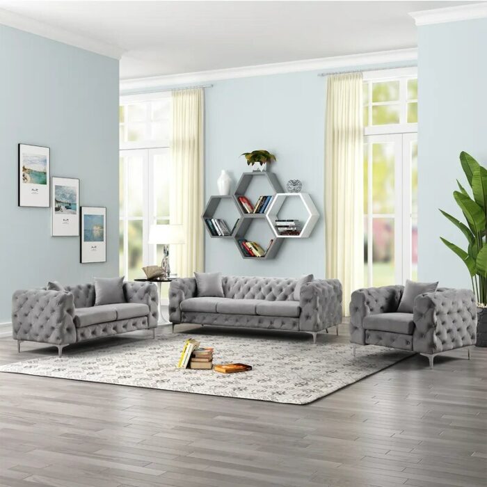 3 Piece Living Room Sofa Set, including 3-seater sofa, loveseat and sofa chair, with button and copper nail on arms and back 4